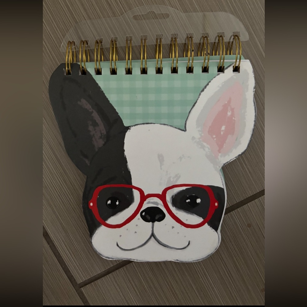 NWT Cute Frenchie Dog Spiral Notebook with Red Glasses